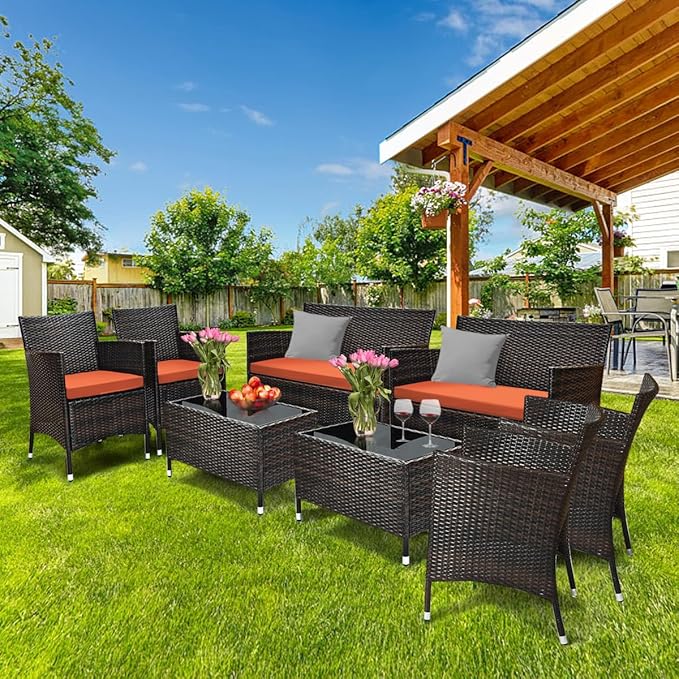 8 Pieces Patio Sofa Set, Wicker Conversation Set with Ergonomic Curved Backrest, Water-Resistant Cushion & Tempered Glass Table for Balcony, Porch (Orange)