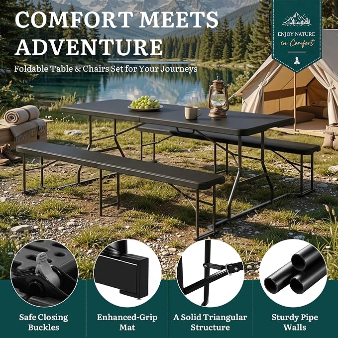 YITAHOME 6ft Folding Picnic Table with Benches, Heavy Duty Iron Frame & HDPE Plastic Table Set, Portable Outdoor Folding Table with Center Lock for Backyard, Park, Camping, Beach, Black