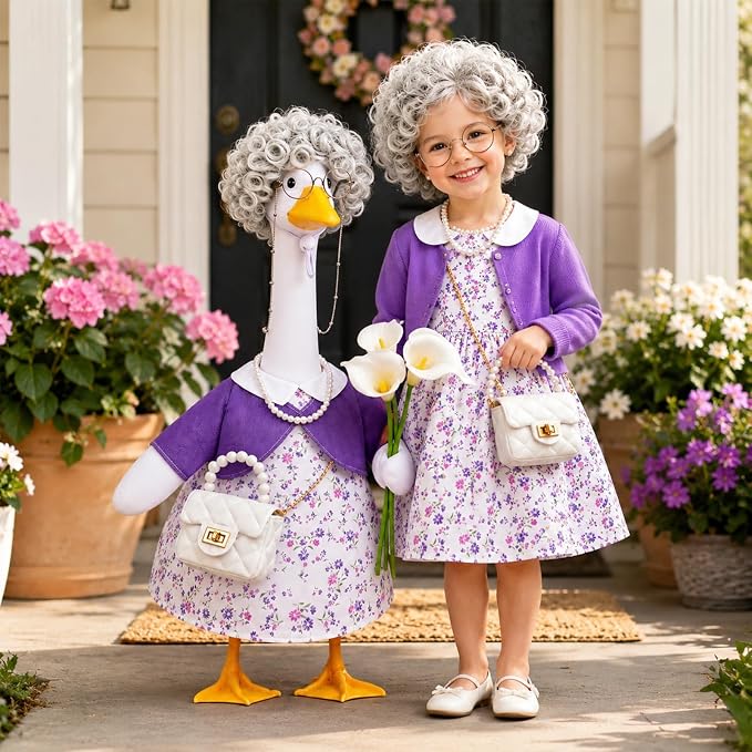 Celltestria Old Lady Goose Outfits Grandma Goose Costume Purple Lily Geese Clothes with Wig Glasses Necklace Bag for 23'' Geese Holiday Outdoor Lawn Patio Yard Garden Decor