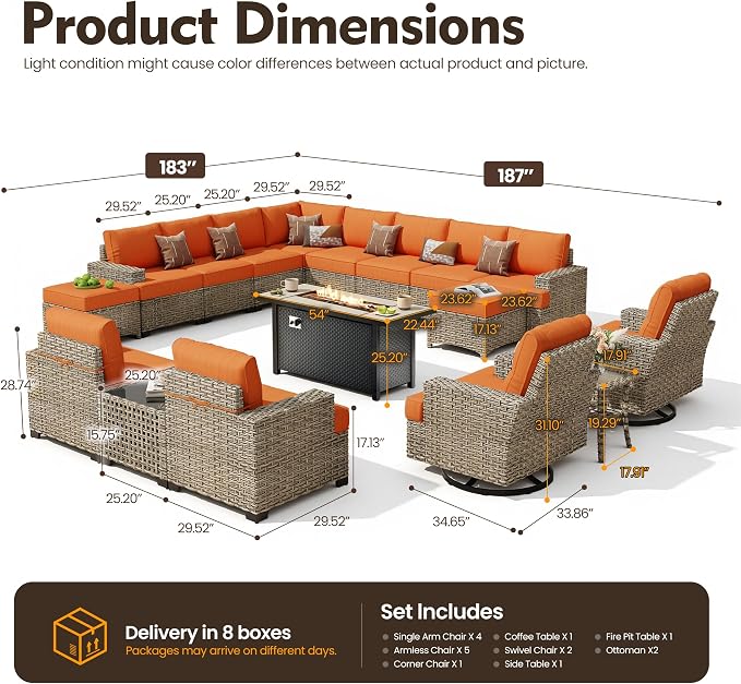 HOOOWOOO Sectional Patio Furniture Set with Fire Pit Table,17 Pieces Wicker Outdoor Furniture L Shaped Couch,Outside Conversation Set Extra Deep Sofa Wide Arm Swivel Chairs Ottoman Light,Brick Red