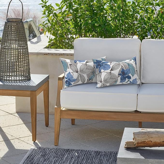 LVTXIII Set of 2 Outdoor Lumbar Pillows for Patio Furniture with White Piping, 12"x20" Fade Resistant Patio Lumbar Pillows with Inserts for Home Coach Sofa Use, Clemens Noir Blue