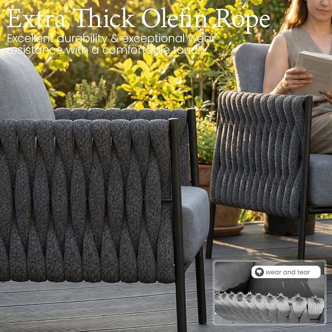 LayinSun 5 Piece Outdoor Furniture Set with Coffee Table, Modern Rope Woven Patio Conversation Sofa Set with Olefin Braid and Deep Seating