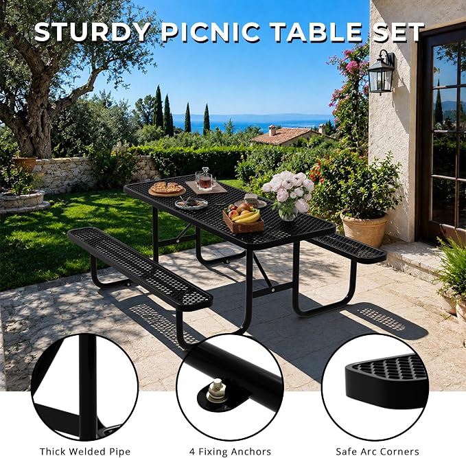 6FT Rectangular Steel Outdoor Picnic Table, Commercial Picnic Table Bench Set with Umbrella Hole, Weather-Resistant Heavy Duty School Dining Table for Stores, Park, Patio, Garden, Backyard, Black