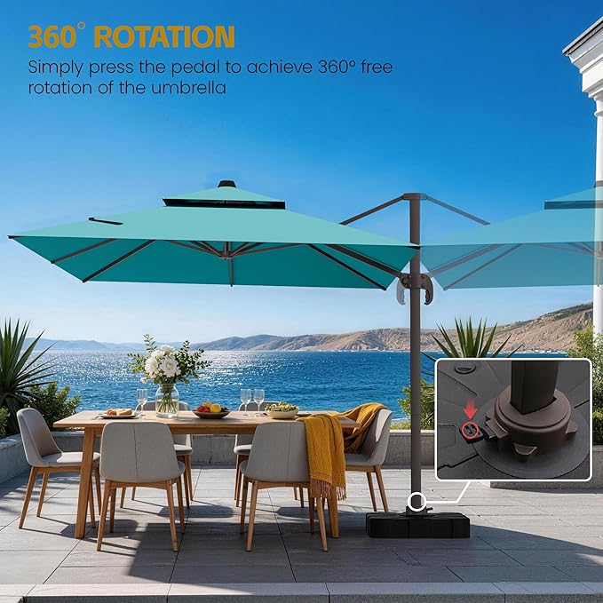 HASLE OUTFITTERS 10x10 FT Patio Cantilever Umbrella with Base, Outdoor Offset Large Square Heavy Duty Double Top Umbrellas with 360° Rotation for Pool Garden Deck，Turquoise