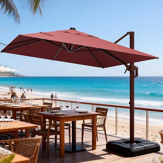 9' X 12' Cantilever Patio Umbrella Rectangle Outdoor Umbrella with Base Included, 6-Level Tilt & 360° Rotation Offset Umbrella for Garden, Deck, Pool (Red)