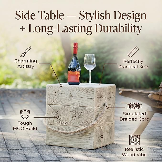 Outdoor Side Table Square Concrete Side Tables with Simulated Braided Rope,Distressed Wood Grain MGO Patio End Table for Living Room Garden Balcony,Fully Assembled