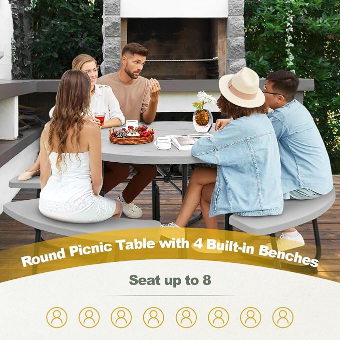 Moccha Picnic Table Bench Set - Outdoor Table and Chairs with Umbrella Hole, HDPE Tabletop & Metal Frame, Dining Table Set, Outdoor Camping Table for Garden Backyard Porch Patio Table Set (Grey)