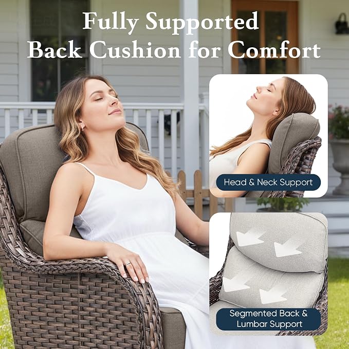 Belord Luxury 6" Thick Cushioned Outdoor Swivel Rocker Patio Chairs of 2, High Back Wicker Patio Furniture Set with Ergonomic Zone Back, Conversation Glider Set for Deck Porch - Brown+Grey