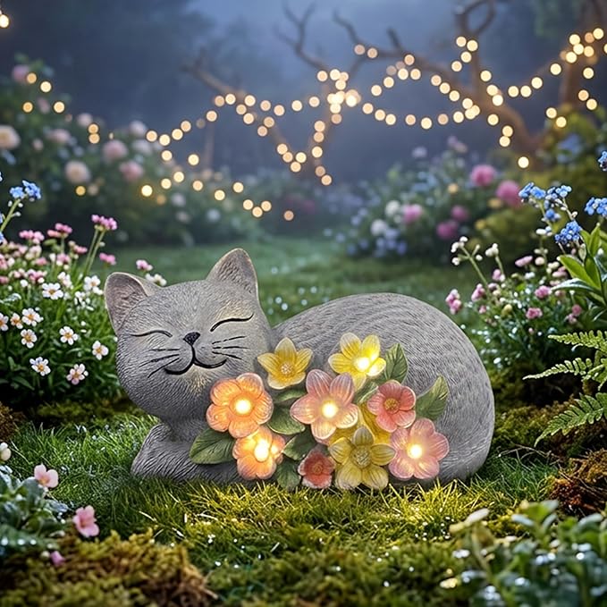 Solar Cat Outdoor Statue, Resin Solar Cat Lights with Flower for Outside, Garden Cats Figurine for Lawn Porch Yard Art - Birthday Gifts for Mom Grandma Women