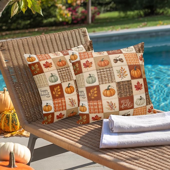 Thanksgiving Checked Throw Pillow Covers 18x18 Inch Set of 2, Fall Waterproof Outdoor Pillow Covers, Pumpkins Maple Orange Checker Decorative Cushion Pillowcases for Couch, Sofa, Bed, Garden, Patio