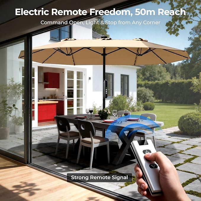 HOMSHADE 15FT Motorized Electric Large Patio Umbrella with Base and Solar Lights Outdoor, Double-Sided Rectangle Umbrella with Remote Control, 30° Auto-Open for Pool Deck Table Market Backyard, Beige