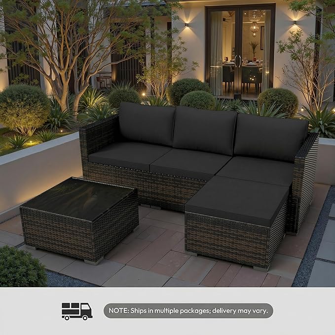 WWR Patio Furniture Set- All-Weather, Thick Cushions & Wide Armrests -5 Piece Outdoor Patio Conversation Couch Sets, Wicker Rattan Outdoor Sectional Sofa for Garden, Patio, Poolside