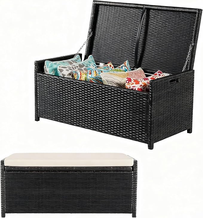 PROHIKER 2-in-1 Wicker Deck Box Bench, All-Weather 55 Gallon Outdoor Storage Box with Cushions and Waterproof Bag, Rattan Storage Bench for Pool Tools, Outdoor Equipments and Garden Tools, Black/Beige