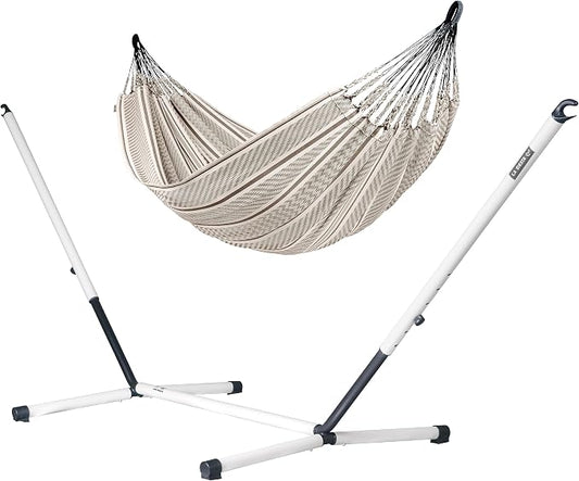 LA SIESTA® Flora Classic Cotton Hammock & Steel Stand - Indoor Outdoor Hammock with Stand - Portable Hammock Stand for Outside, Patio Hammock with Stand - Max 440 Lbs, Large Double Hammock, Zebra