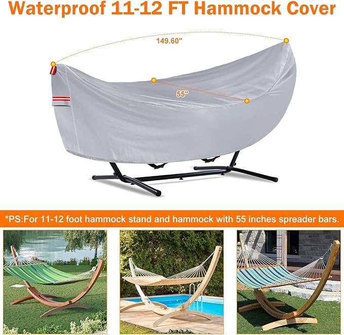 Waterproof 11-12 Hammock Cover, 210T Sun Rain UV Dust Snow Protection Outdoor Covers with Windproof Straps & Soft Cotton Lining for Hammock with 55 inch Spreader Bars -Silver