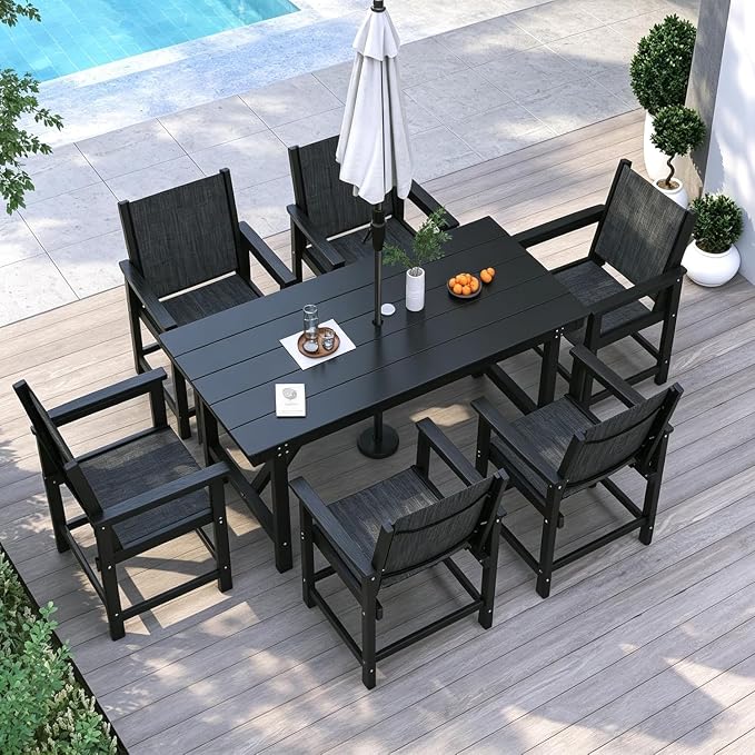 7 Pieces Outdoor Dining Sets HDPE Patio Dining Table and Chair Set for 6 | with Umbrella Hole;