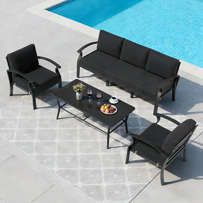 Aluminum Outdoor Patio Furniture Set,5 Seats Patio Conversation Sets with Rectangular Coffee Table,Metal Patio Sectional Furniture Set with 5.1" Thickened Cushions,Black