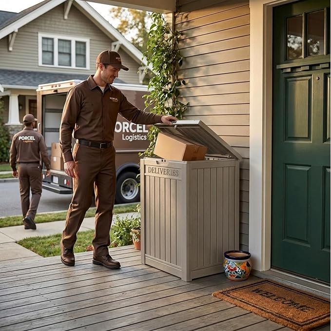 Package Delivery Box, Lockable Resin Outdoor Package, Waterproof Deck Box for Porches, Patios, Indoor & Outdoor Use (57 Gallon, Grey)