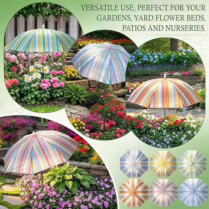 Hillban 6 Pack Plant Shade Umbrellas for Outdoor Plants 23.6" Large Garden Umbrella Shade for Potted Flower with Adjustable 40" H Sunshade Cover for Patio Garden Bed Flowers(Striped Pattern)