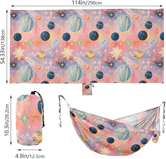 Camping Hammock Outdoor Hammocks for Outside Gouache Cosmic Planets Galaxy Beach Trees Portable Lightweight with Pockets Tree Straps Indoor