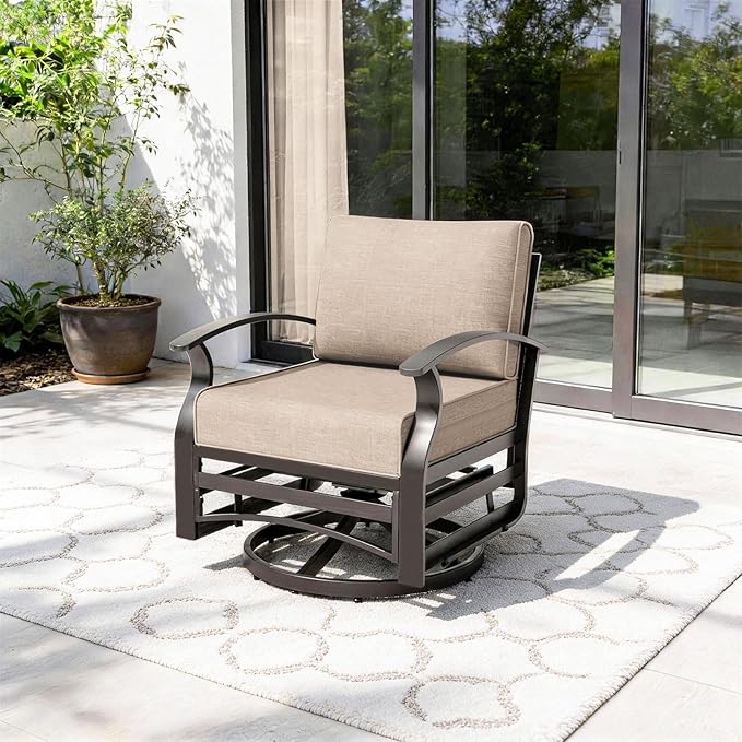 Gotland Outdoor Furniture, Metal Outdoor Swivel Chair with 5.1’’ High-Resilience Seat Cushions 6.2’’ Thick Back Pillow 29.5’’ Deep Seat Removable Cushions, Patio Furniture for Lawn, Porch, Khaki