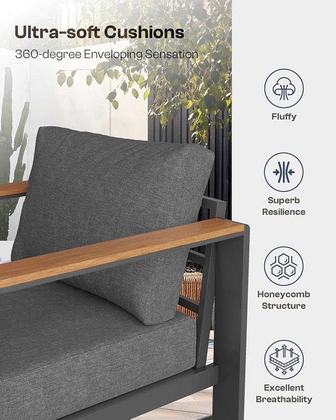 Aluminum Outdoor Patio Furniture, 3 Seats All-Weather Outdoor Patio Sofa with Washable Thick Cushion, Patio Sofa Couch for Porch, Balcony, Deck, Yard, Graphite