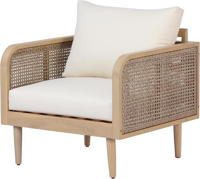 Christopher Knight Home Edward 4 Piece Patio Furniture Set with 3-Seater Sofa, Club Chairs And Coffee Table, 5 Seater Outdoor Acacia Wood Conversation Set, Patio Sofa Set, Light Teak+Light Brown+Cream