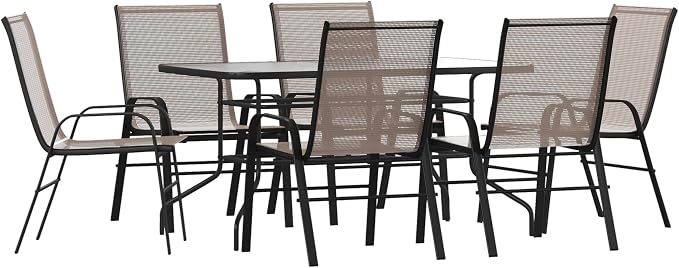 EMMA + OLIVER Seven Piece Indoor/Outdoor Dining Set - Metal Table with Tempered Glass Top - Six Brown Flex Comfort Chairs- Umbrella Hole - All Weather