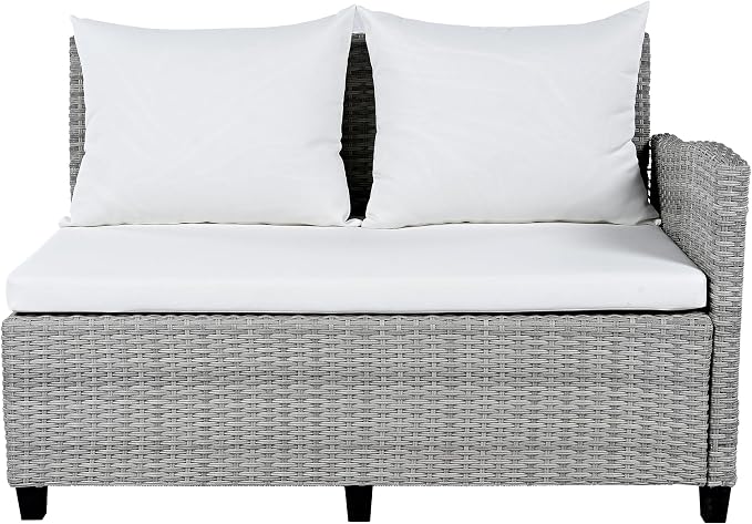 GDFStudio Brava Patio 5-Piece Conversation Set, Outdoor Rattan Sectional Sofa Set with Extendable Side Tables, Dining Table and Bench, L Shaped PE Wicker Furniture Set for Garden, Poolside, White