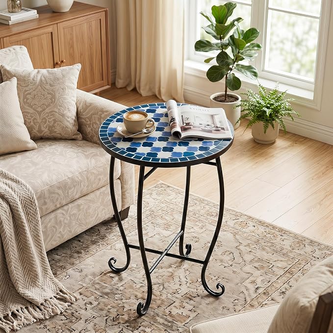 Giantex Outdoor Side Table, Floral Clover Mosaic Patio Accent Table, 14" Coffee End Table, Indoor Outdoor Metal Plant Stand for Porch Garden Balcony Desk