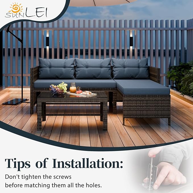 SUNLEI 3-Piece Wicker Patio Conversation Furniture Set, Patio Corner Sofa with Outdoor PE Rattan, Includes Loveseat Sofa Sectional, White Couch and Coffee Table(Silver Rattan/Ashy Blue, 3 PCS Sofa)