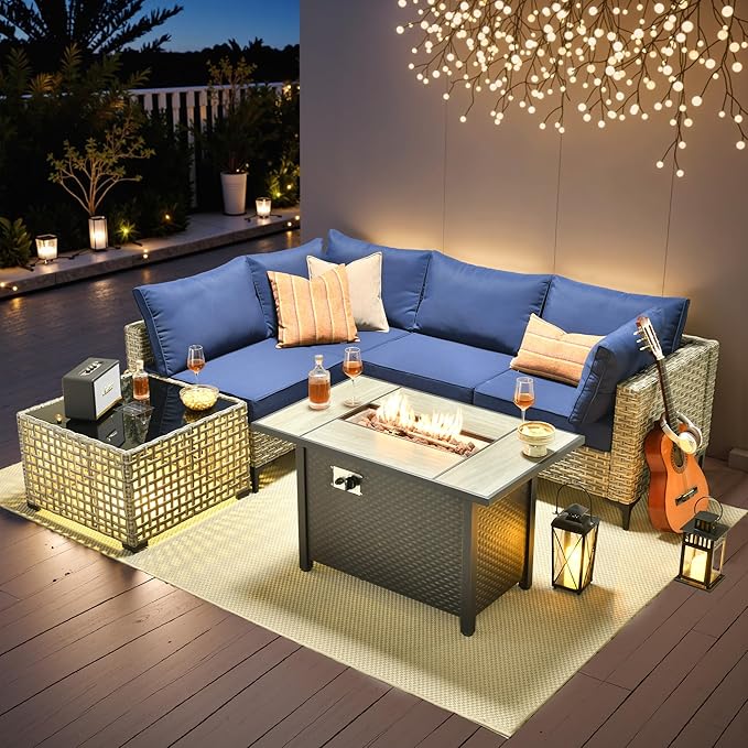 Outdoor Patio Furniture Sets,6 PCS Patio Conversation Set Outside Rattan Sectional Sofa with 42 in Fire Pit Table&Coffee Table Fit Backyard Porch Garden Poolside Balcony