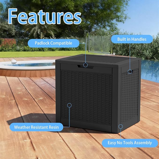 ROJIK Outdoor Storage Housing Deck Box-Waterproof Patio Furniture,Garden Tools,Cushions,Pool Accessories Storage Waterproof Resin Box with Capacity (30 Gal & Black)