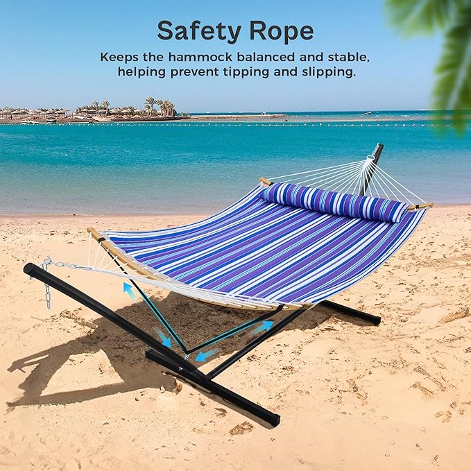SUPERJARE Curved-Bar Hammock with Stand, 2 Person Heavy Duty Hammock Frame, Detachable Pillow & Portable Carrying Bag, Perfect for Outdoor & Indoor, Deep Ocean Fine Stripe