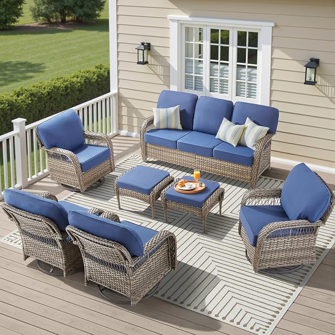 7 Pieces Outdoor Furniture Set with Swivel Chairs, Wicker Swivel Rocker Patio Chairs Set of 4 Outdoor 3 Seater Sofa with Ottomans Wicker Patio Conversation Set for Deck Porch Backyard, Blue