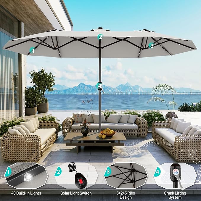 AreShark 13 FT Patio Umbrella with Solar Lights, Double-Sided Outdoor Table Umbrellas with Crank, Large Rectangular Market Umbrella for Porch, Lawn, Pool, Backyard, Light Gray