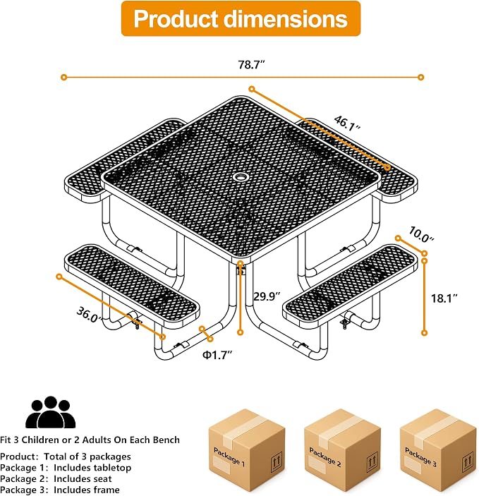 46-Inch Square Metal Outdoor Picnic Table – Commercial Heavy-Duty Steel Dining Table with Thermoplastic Coating, Weather & Rust Resistant, Ideal for Patio, Outside, Garden, Schools (red)