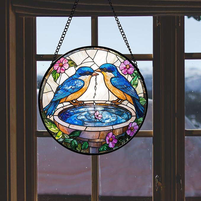 DASTOLL Stained Glass Window Hanging, 2 Blue Birds Suncatcher Diamond Glass Panel Hangings Bird Lover Sun Catchers Decor for Birthday for Women, Men, Wife, Aunt, and Mom 14.9 in