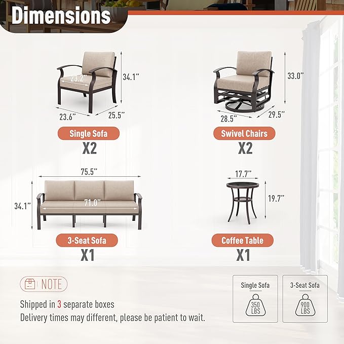 Kurapika Aluminum Patio Furniture Set 7-Seat Modern Metal Outdoor Conversation Sets w/Swivel Rocking Chairs Patio Sectional Sofa w/5.1 Inch Cushion, Sand