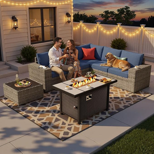 7-Piece Patio Furniture Set, Outdoor Wicker Rattan Patio Furniture Sectional Set with Coffee Table, All Weather Outdoor Fire Pit Conversation Set for Porch Backyard Balcony Garden, Denim Blue