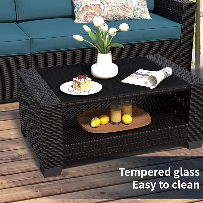 SHGJ&SOFT 7 Piece Patio Furniture Set, Wicker Outdoor Sectional Sofa with Washable Cushion Covers and Tempered Glass Table, Rattan Conversation Set for Poolside