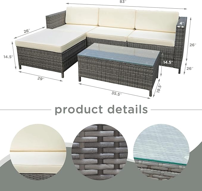 RoyalCraft 5 Pieces Patio Furniture Sets, All Weather Outdoor Sectional Sofa Manual Weaving Wicker Rattan Outdoor Conversation Set with with Cushion and Glass Table, Cream