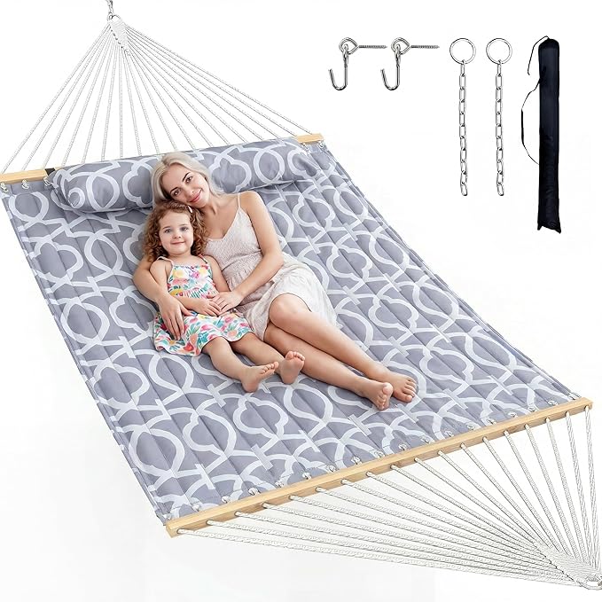 Double Hammock with Spreader Bar & Pillow, 2-Person Portable Hammock, 500lbs Capacity for Outdoor Camping, Patio, Backyard, Garden, Beach & Travel Relaxation – White Gray