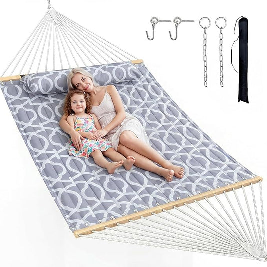 Double Hammock with Spreader Bar & Pillow, 2-Person Portable Hammock, 500lbs Capacity for Outdoor Camping, Patio, Backyard, Garden, Beach & Travel Relaxation – White Gray