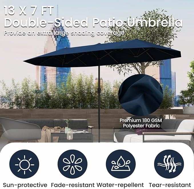 Tangkula 13 FT Large Patio Umbrella, Outdoor Double-Sided Table Market Umbrella w/Crank Handle, 12 Heavy-Duty Ribs, Sun-Protective Rectangular Twin Parasol for Garden Deck Lawn Poolside (Navy)