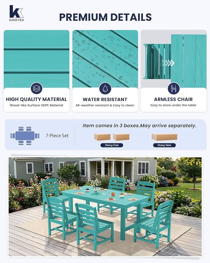 KINGYES 7-Piece Patio Dining Set, HDPE Table and Armless Chairs Outdoor Furniture Set with Umbrella Hole, Aruba