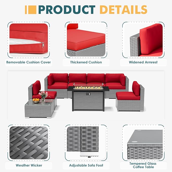 8 Pieces Outdoor Patio Furniture Set with 45” Propane Gas Firepit Table, Grey Wicker Patio Sectional Sofa Set, Outdoor Couch with Cushion and Tempered Glass Table, Red