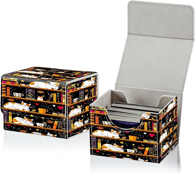 Card Deck Box for MTG, Cards Storage Box Fits 120+ Sleeved, Leather Small Size Strong Magnetic Closing Card Case for Board Games Magic TCG CCG Baseball Collection, Black Book Cat