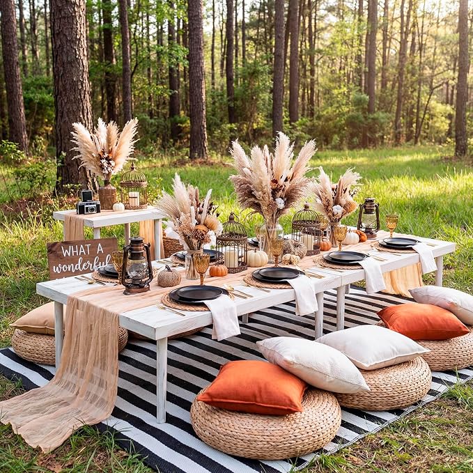 Novabright 8 Person 30 x 60 Inches Boho Table Low Folding Picnic Table Beach Portable Low Wood Floor Event Foldable Garden Wedding Party Camping Picnic with Runner Set(Retro White)