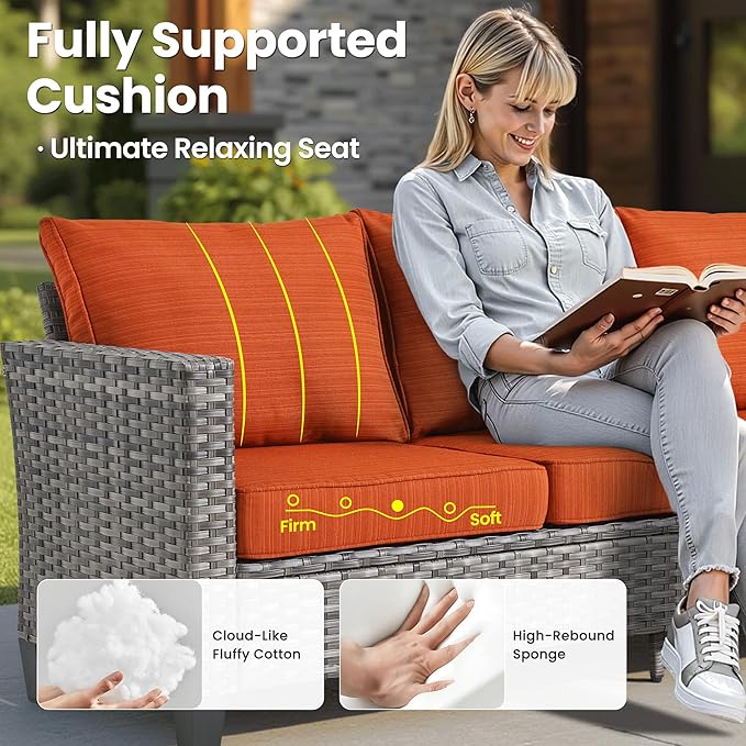 ovios 7 Pieces Patio Furniture Set, Outdoor Wicker Sofa Couch with Swivel Chairs, Rocking Glider Rocker with Comfy Cushions All Weather Rattan Conversation Set, Orange Red